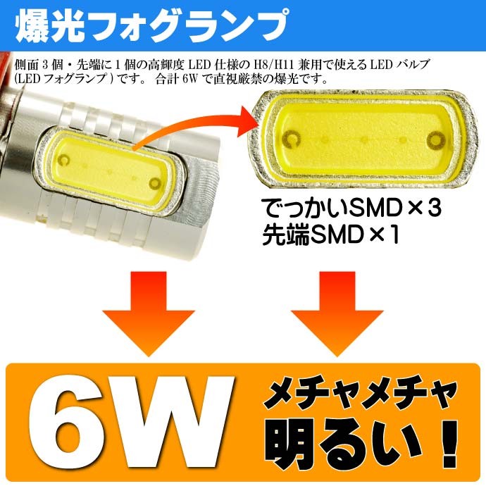 6W★超高輝度LEDバルブホワイト H8兼H11 SMDウェッジ as90