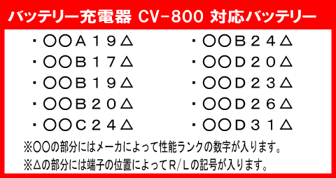 セルスターバッテリー充電器CV-800対応バッテリー