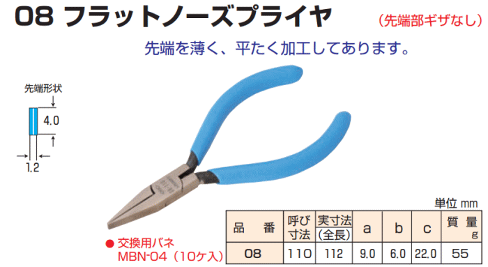メリー 室本鉄工 08-110 ミニチュアフラットノーズプライヤ 寸法表