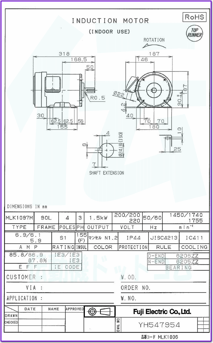 富士電機 MLK1097M-4 1.5kW-4P 三相200V プレミアム効率モータ (全閉外