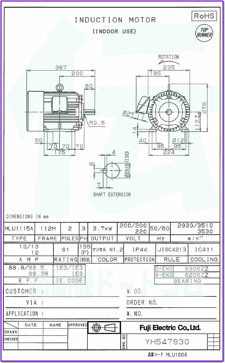 富士電機 Mlu1115a 2 3 7kw 2p 三相0v プレミアム効率モータ 全閉外扇形 脚取付形 プレミアム効率モータ Ie3相当 伝動機ドットコム