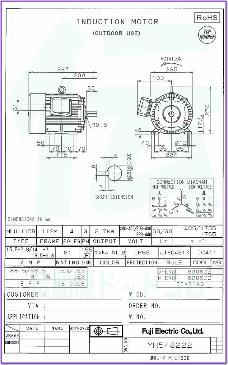 富士電機 MLU1115B-4 3.7kW-4P 三相200V/400V プレミアム効率モータ