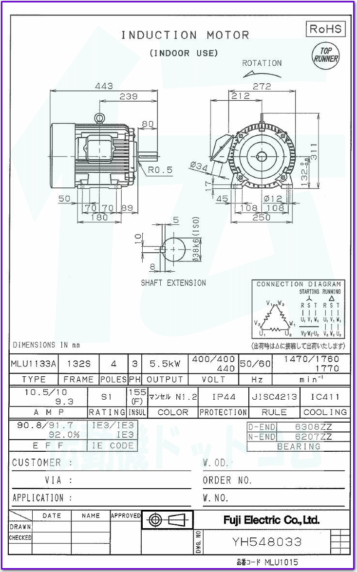 富士電機 MLU1133A-4 5.5kW-4P-400V 三相 プレミアム効率モータ (全