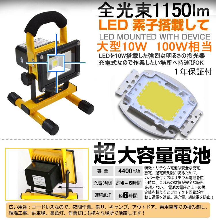 充電式投光器 20w 車載投光器 LEDライト コードレス 昼白色 防災グッズ 地震対策 夜