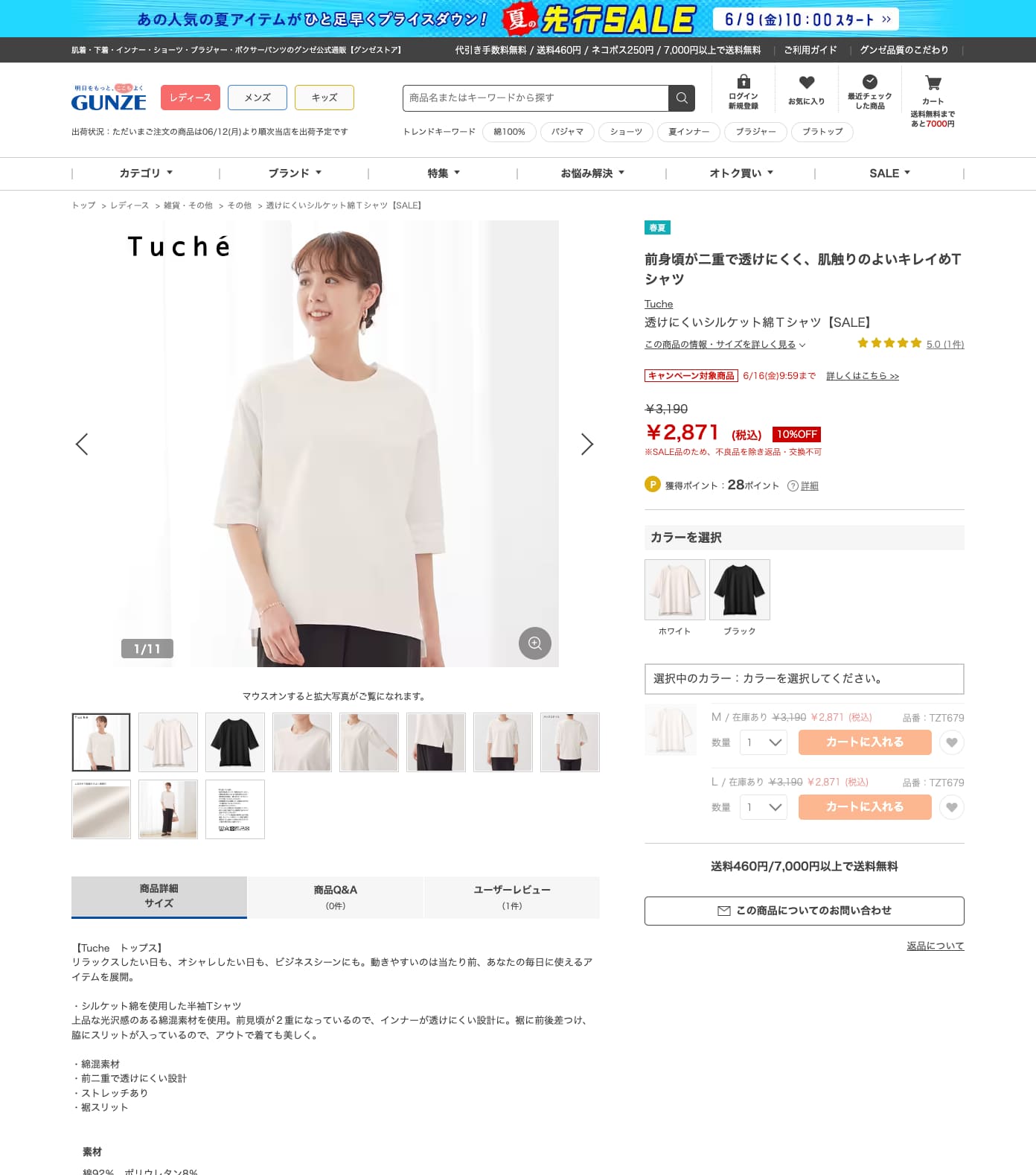 グンゼ GUNZE トゥシェ Tuche Tシャツ 春夏 レディース 綿 シルケットコットン 前見頃二重 透けにくい 21TZT679