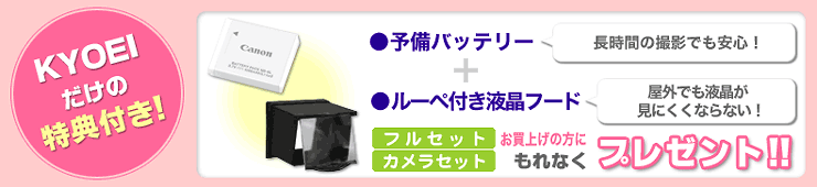 KYOEIだけの特典付き!フルセット、カメラセットをお買い上げの方に、予備バッテリー&ルーペ付き液晶フードをプレゼント!!