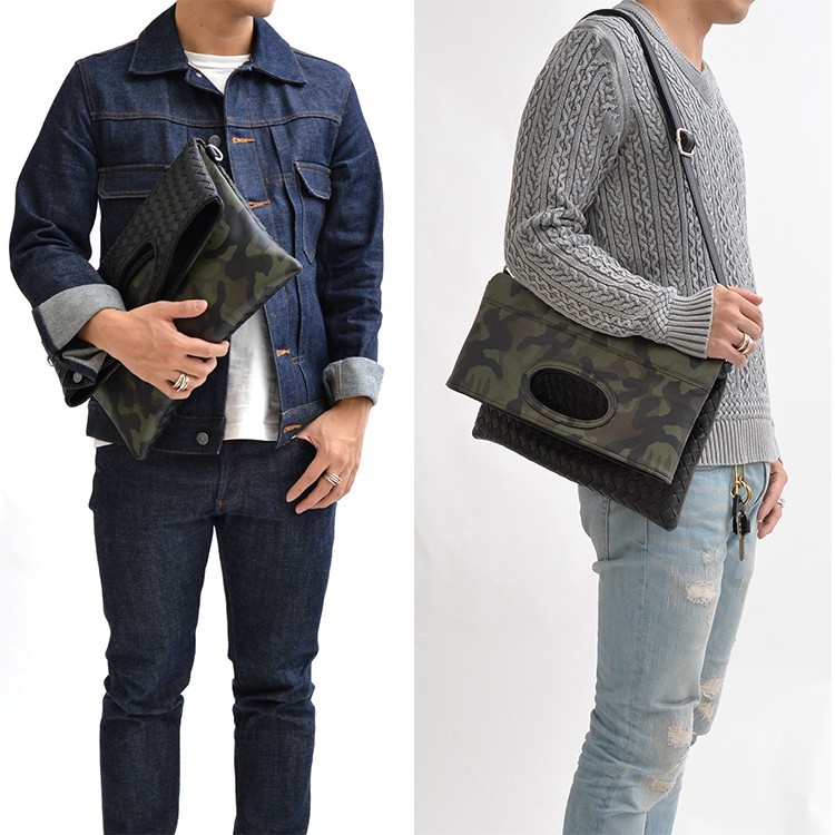 メンズ クラッチバッグ イントレチャー カモフラ カモフラージュ 迷彩 黒 ブラック 上品 カジュアル クラシック クール レザー 持ち運びも楽々 おしゃれ イントレ素材 機能性 A4 高級感  