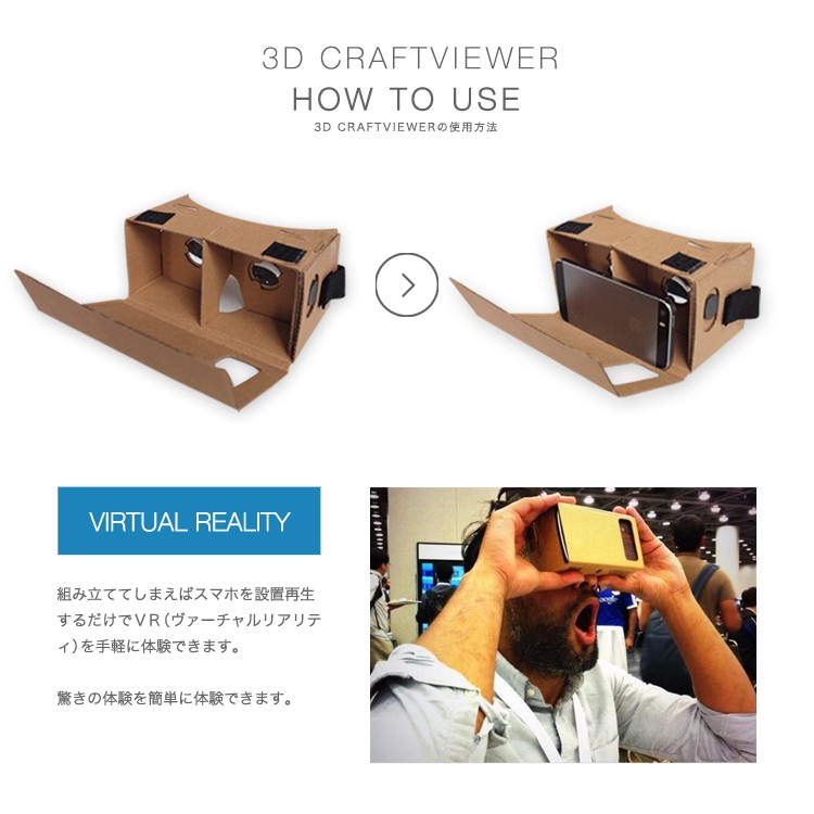 3D VR クラフトビューアー Virtual reality バーチャル リアリティ 360° 動画 Oculus Rift オキュラス リフト ゲーム アプリ アイドル ライブ 3D映像 仮想現実 レンズ カメラ スマホ iphone6 5 4 3