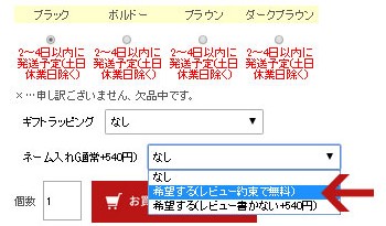 お買い物かごに入れる前に、ネーム入れ希望を選択する。
