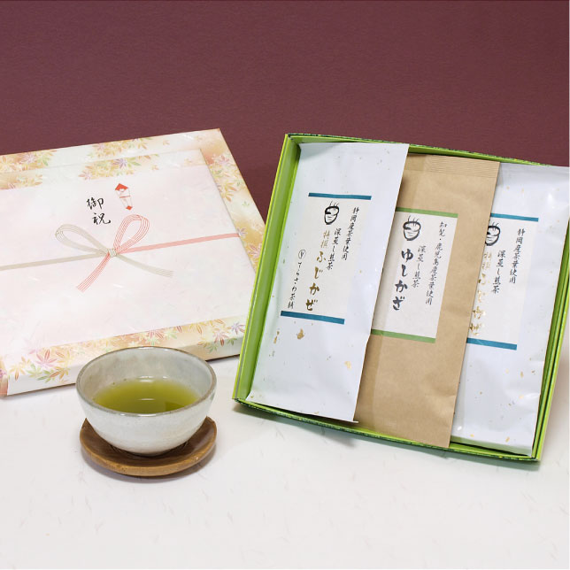 深蒸し煎茶【ゆしかざ】贈答用セット　仏事・法事用ギフト　知覧・鹿児島産厳選の上級茶葉を使用した深蒸し煎茶の詰め合わせ