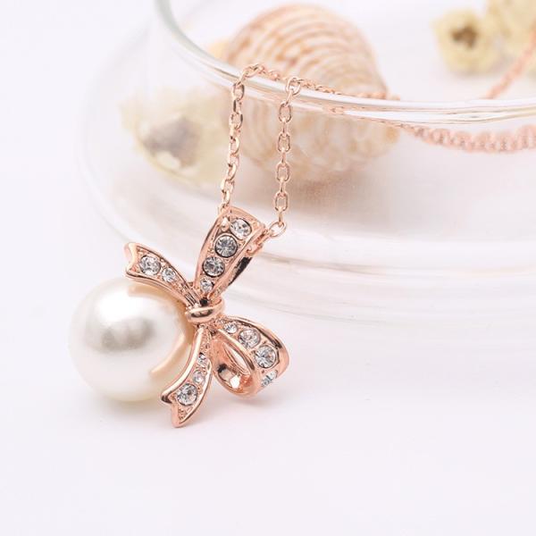 送料無料 パール リボン ネックレス ローズゴールド 真珠 : YIYI店