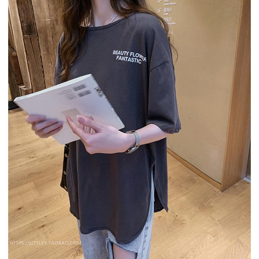 デニム風紺色ゆったり丈長ロゴTシャツ