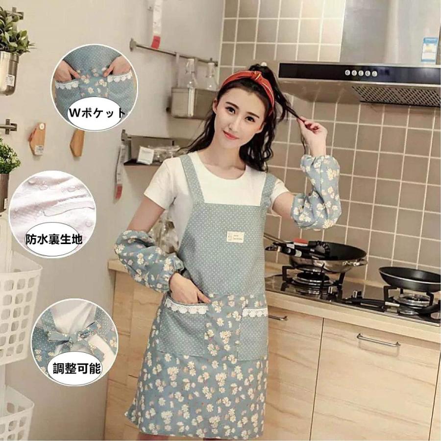 ポケット付き女性エプロン 可愛い花柄 防水裏生地 二重構造 キッチン