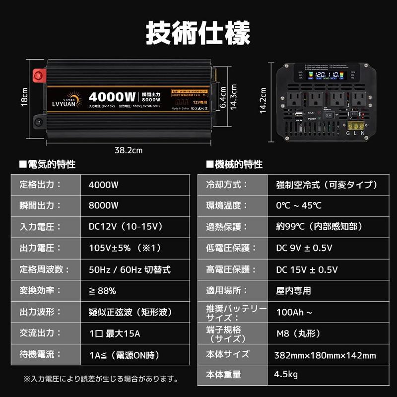 インバーター DC12V から AC100V 4000W 修正波インバーター LVYUAN