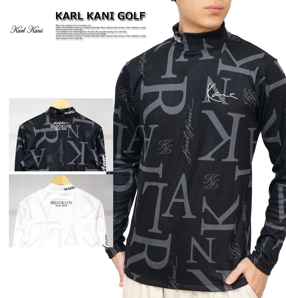 カールカナイゴルフ ロゴ刺繍 総柄 ストレッチ 起毛 ハイネック 長袖T  