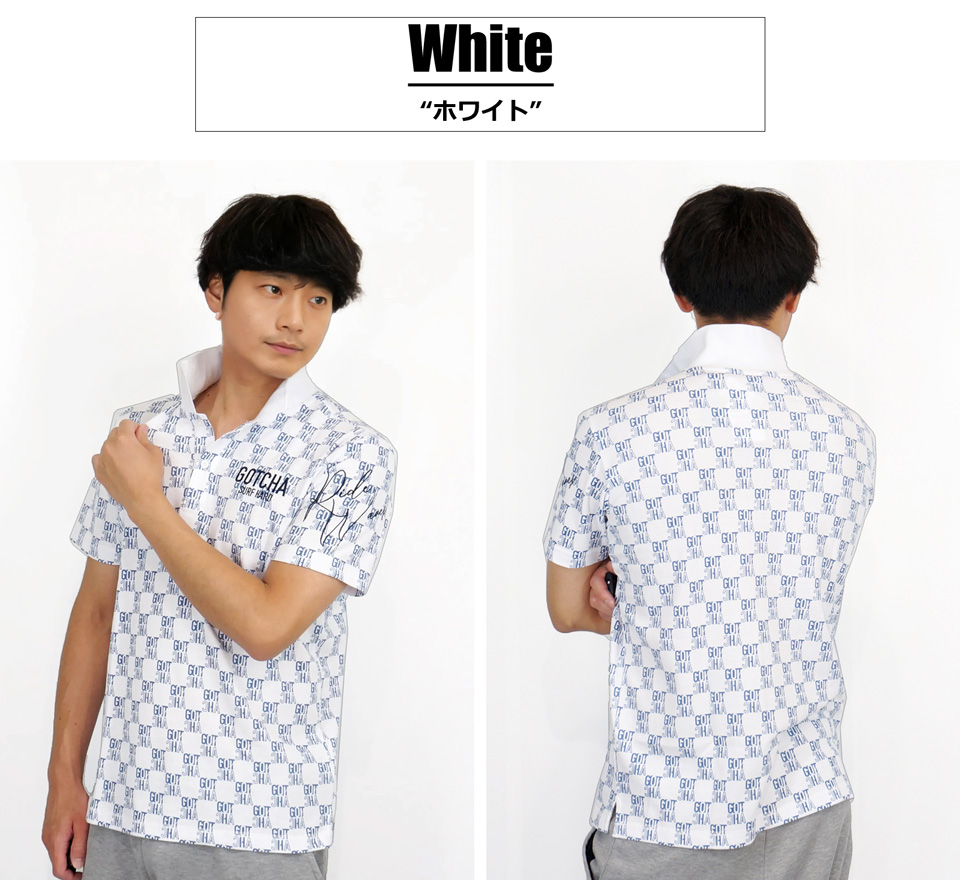 綿100%　半袖セーター　アップリケ、刺繍付き　GOLF　ゴルフ GOTCHA GOLF ガッチャゴルフ 総柄 ロゴ刺繍 半袖ポロシャツ メンズ