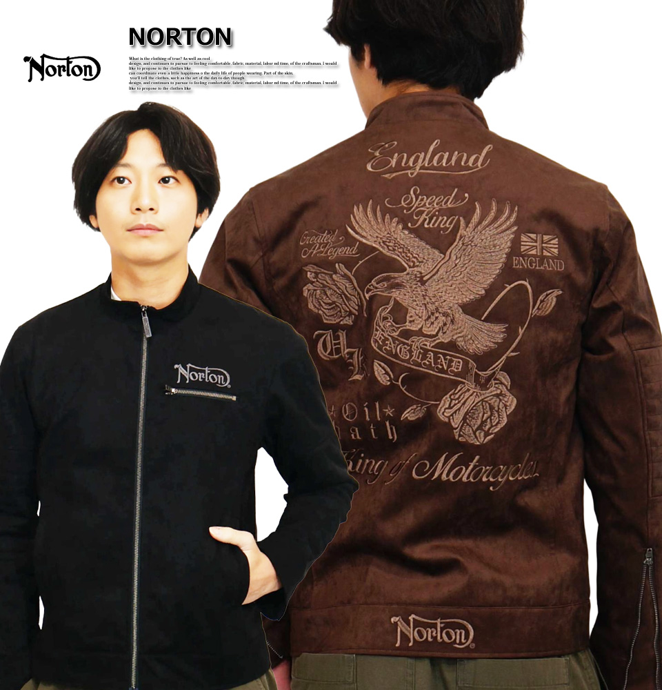 399希少Lサイズ Norton ボンディング ダブルライダースジャケット 刺繍 ノートン（NORTON） イーグル刺繍 フェイクススウェード シングル
