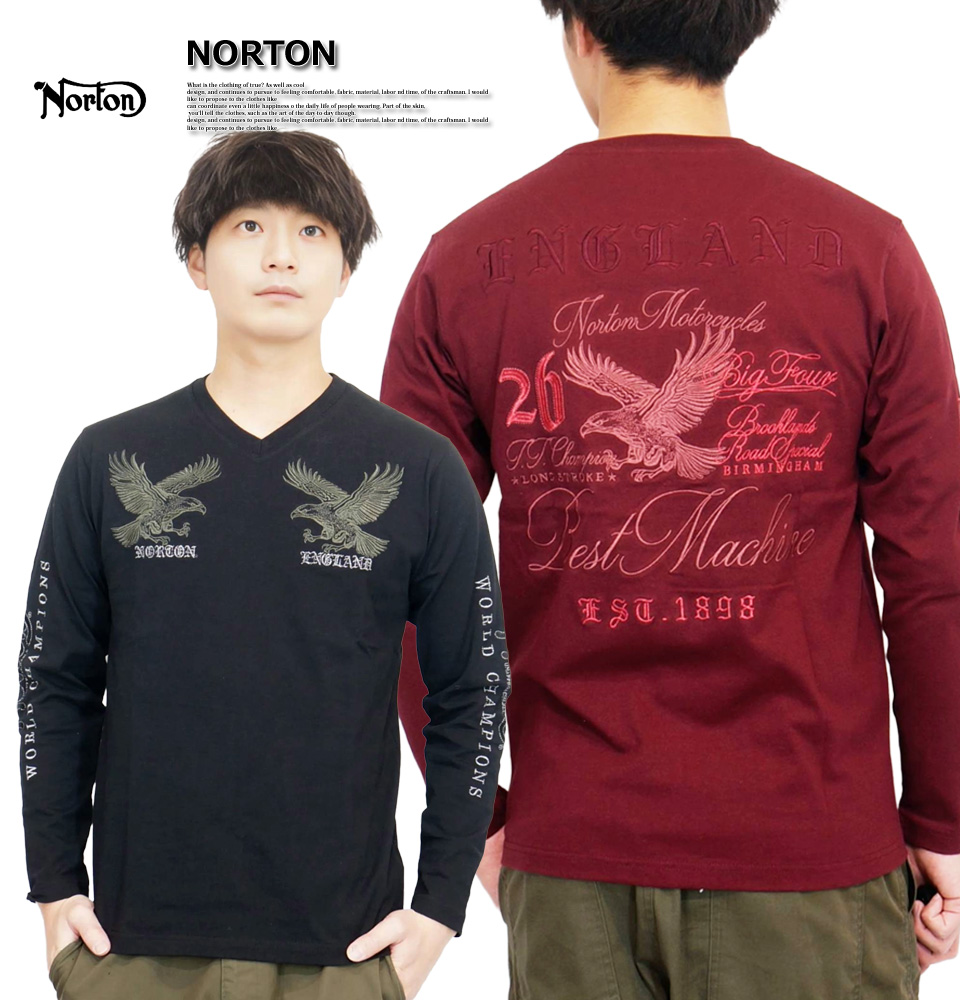 ノートン（NORTON） Wイーグル刺繍 Vネック 長袖Tシャツ ロンTee