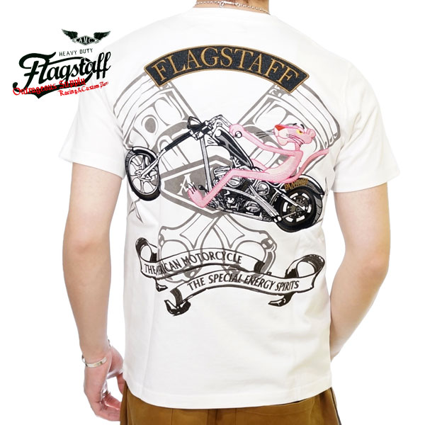 フラッグスタッフ ピンクパンサーコラボ クロスピストン チョッパーバイク刺繍 半袖Tシャツ メンズ ...