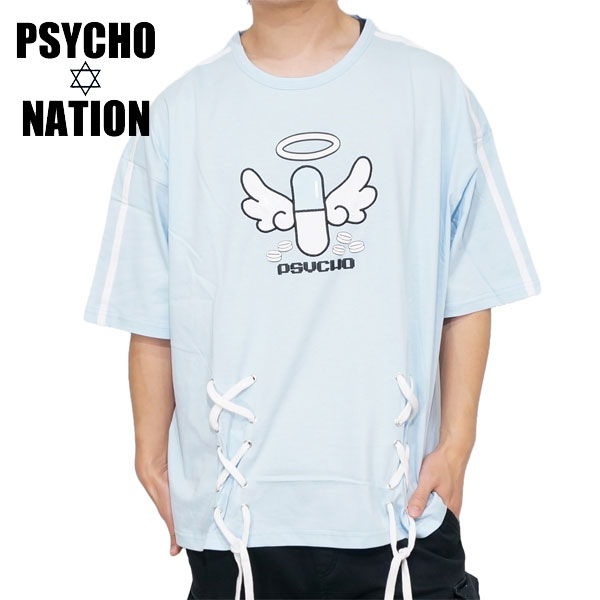 サイコネーション お薬天使 レースアップ 半袖Tシャツ ユニセックス 新作2024年モデル PSYCHO NATION 724621 サイコネーション お薬天使 レースアップ 半袖Tシャツ ユニ