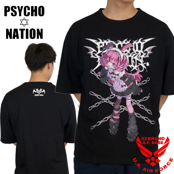 サイコネーション PSYCHO☆NATION ろろコラボ Tシャツ 白 サイコネーション 寝田ルネコラボ ウサ耳メイド プリント 半袖T