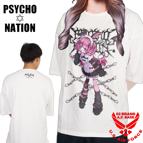 サイコネーション PSYCHO☆NATION ろろコラボ Tシャツ 白 サイコネーション 寝田ルネコラボ ウサ耳メイド プリント 半袖T
