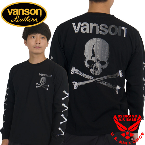 VANSON（バンソン） メタリック クロスボーンスカル刺繍 長袖Tシャツ