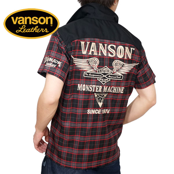 バンソン フライングエンブレム刺繍 チェック柄 半袖シャツ メンズ 新作2024年モデル VANSON nvss-2402｜02brand｜02