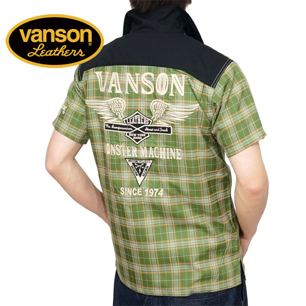 バンソン フライングエンブレム刺繍 チェック柄 半袖シャツ メンズ 新作2024年モデル VANSO...
