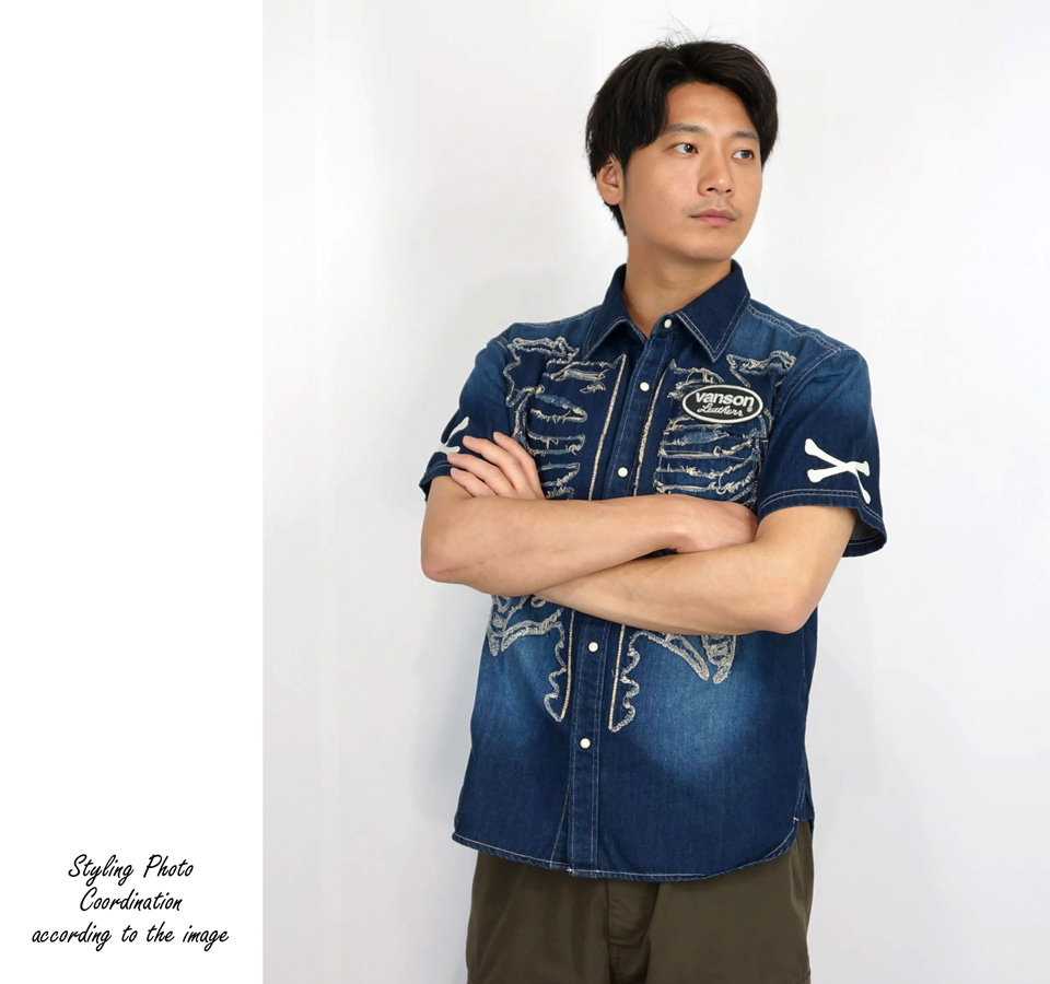 VANSON（バンソン） ボーン刺繍 半袖デニムシャツ メンズ 新作2025年