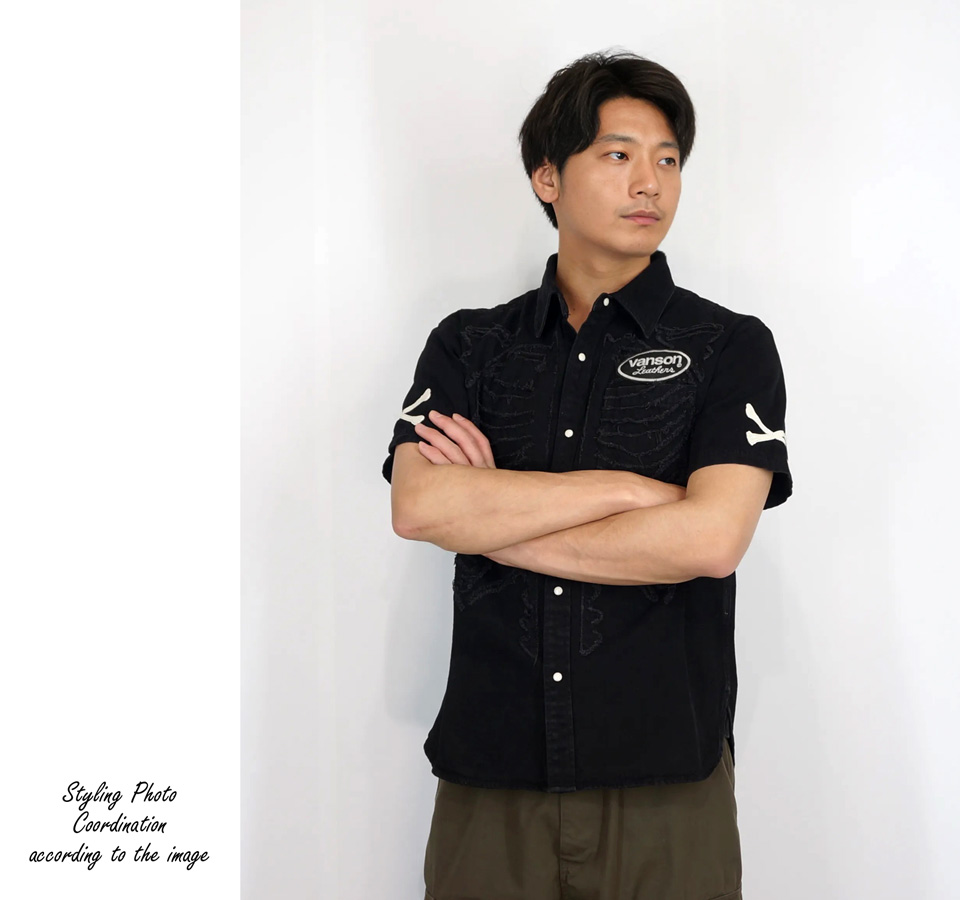 VANSON（バンソン） ボーン刺繍 半袖デニムシャツ メンズ 新作2025年