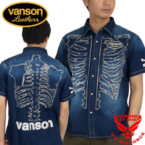 VANSON ボーン　インディゴ　シャツ　バンソン VANSON バンソン ボーン刺繍 半袖デニムシャツ メンズ 新作2025