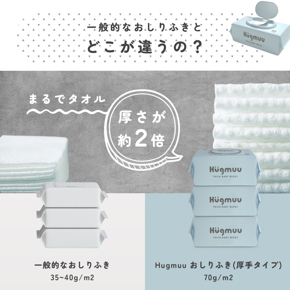 おしりふき 厚手 タオルのような厚み 大判 蓋付き 80枚入り ウェットティッシュ おてふき 体拭き おしり拭き お尻拭き お尻ふき 水分たっぷり 肌にやさしい 無添加 シート 赤ちゃん ベビー Hugmuu ハグムー
