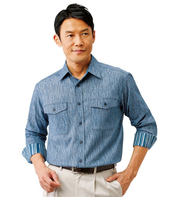 日本製 高島ちぢみ清涼長袖シャツ メンズ シャツ 長袖 綿100％ 杢調 