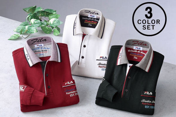 FILA 衿ジャガードデザインポロシャツ 同サイズ3色組 鹿の子素材