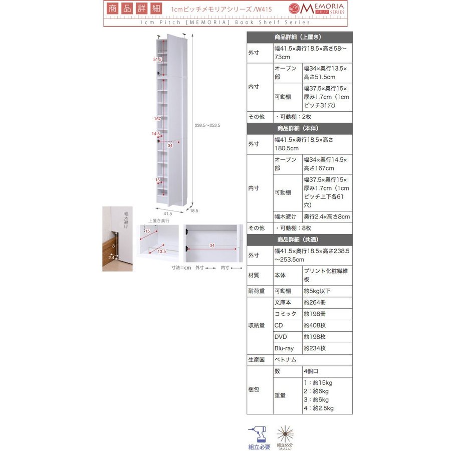 本棚 薄型トビラ付書棚 上置きSET 幅41.5cm奥行18.5cm MEMORIA 棚板が