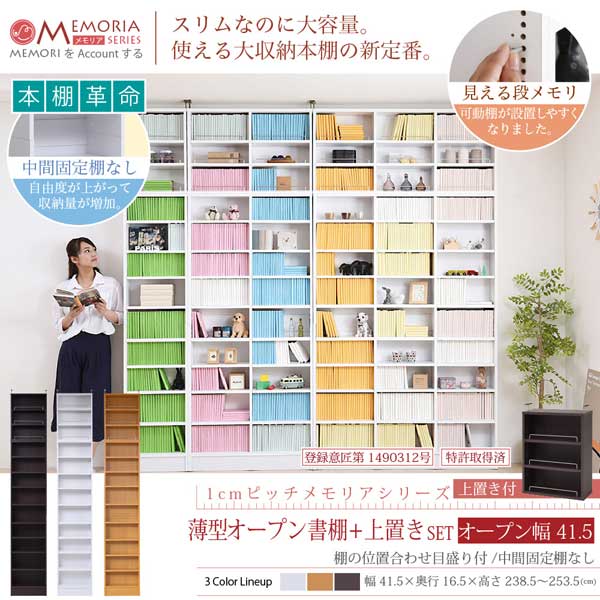 薄型オープン書棚 上置きSET 本棚 幅41.5cm 奥行16.5cm MEMORIA 棚板が