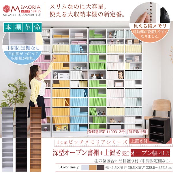 本棚 深型オープン書棚＋上置きセット 突っ張り 幅41.5cm 1cmピッチ