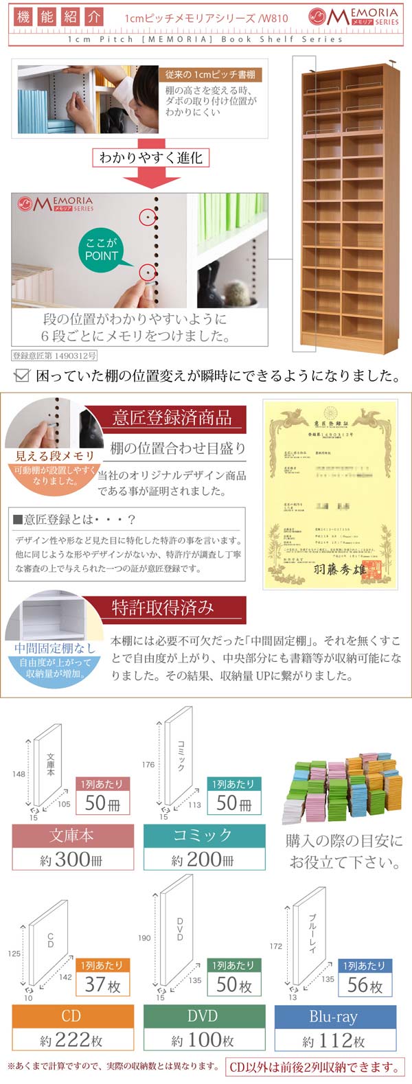 本棚 深型オープン書棚上置き 突っ張り 幅81cm 1cmピッチ MEMORIA
