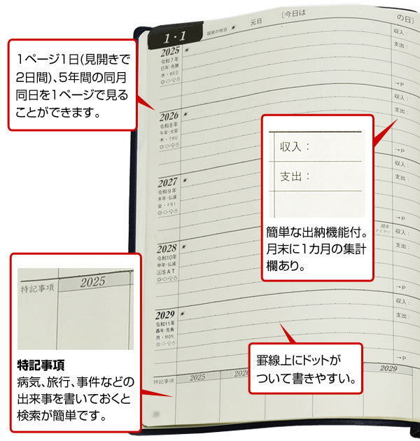 石原5年ダイアリー 5年日記 2024年版 B6判 ダイアリー 日記帳 2024年