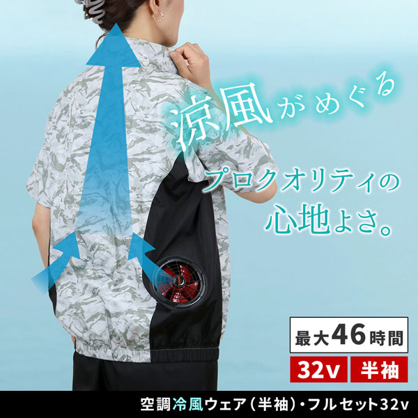 空調冷風ウェアフルセット 半袖 32V 暑さ対策 冷却ウェア 作業着 冷風