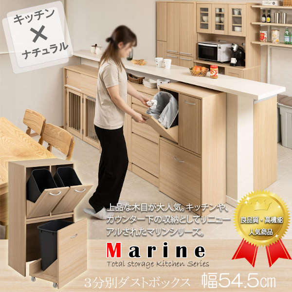 3分別ダストボックス 幅54.5cm MARINE マリンシリーズ 水洗いOK