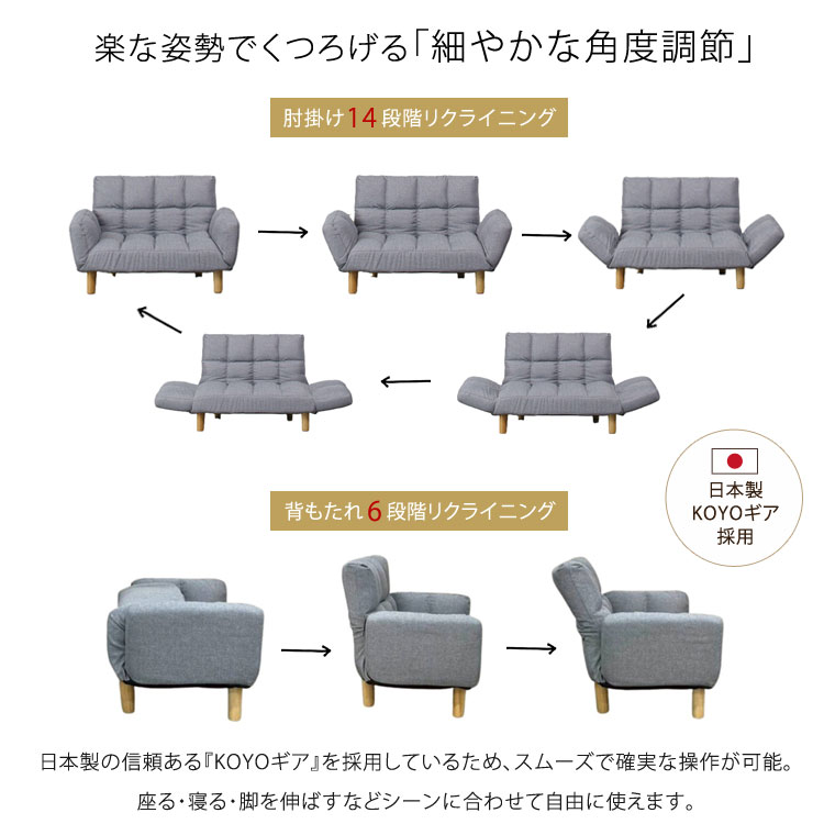 リクライニング カウチソファ メルル ソファ 2人掛け コンパクト