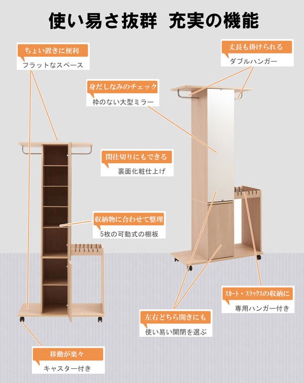 ミラー付ハンガーラック 幅80.5cm キャスター付 ダブル コートハンガー