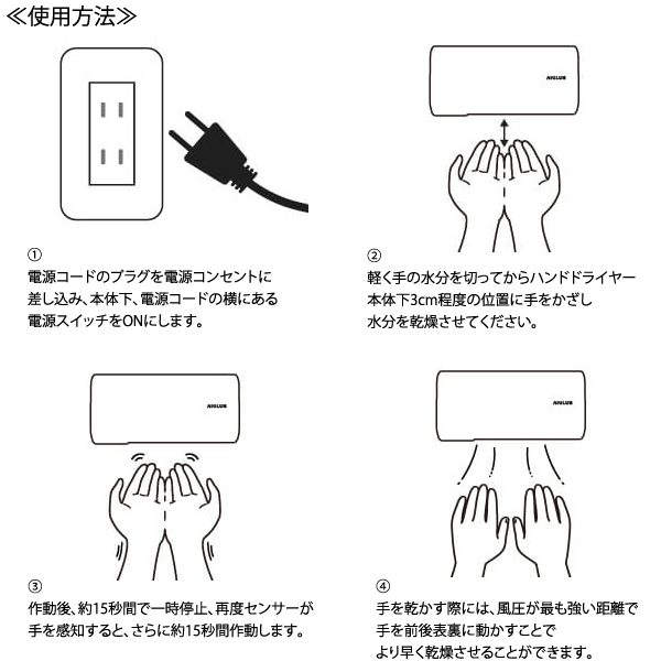 ハンドドライヤー 家庭用Hand Dryer White 非接触 工事不要