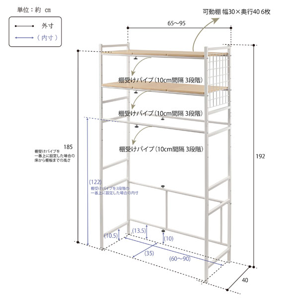 洗濯機上収納 伸縮式ランドリーラック 横幅65〜95cm ドラム式洗濯機