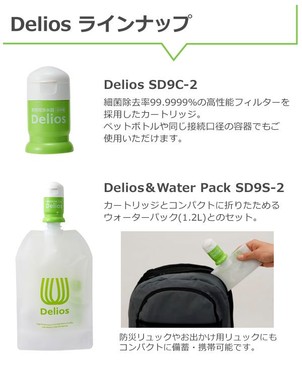 Deliosセット 携帯用浄水器 デリオス＆ウォーターパック ペットボトル浄水 避難用品 地震対策 防災グッズ アウトドア SD9S-2