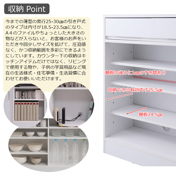 カウンター下収納 幅80cm 引き戸式扉 SIRO ハイグロスホワイト 収納