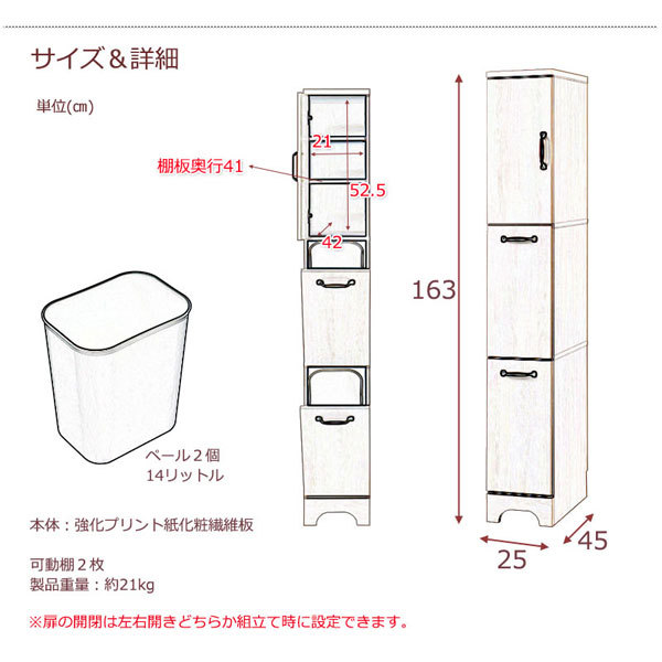 ペール付 スリム2分別ダストボックス 幅25cm ゴミ箱 シンプルモデル