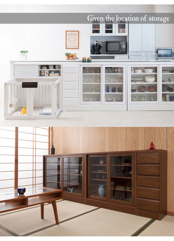 日本製 食器棚 幅90.5cm ガラス 引戸 キャビネット 天然木桐